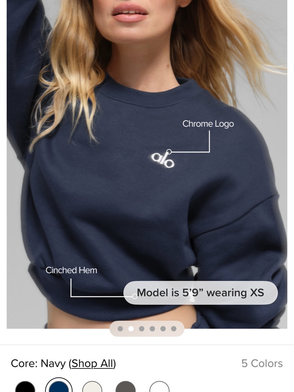 ALO Yoga woman’s Navy Crewneck Sweatshirt with Chrome Embroidery